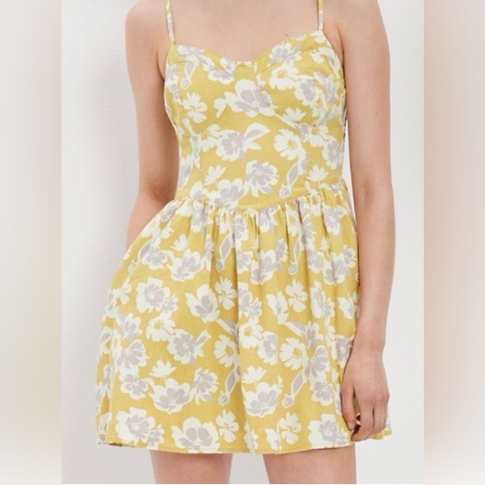 American Eagle Floral Corset Sundress Yellow Purple Mini Dress XS Smocked Back